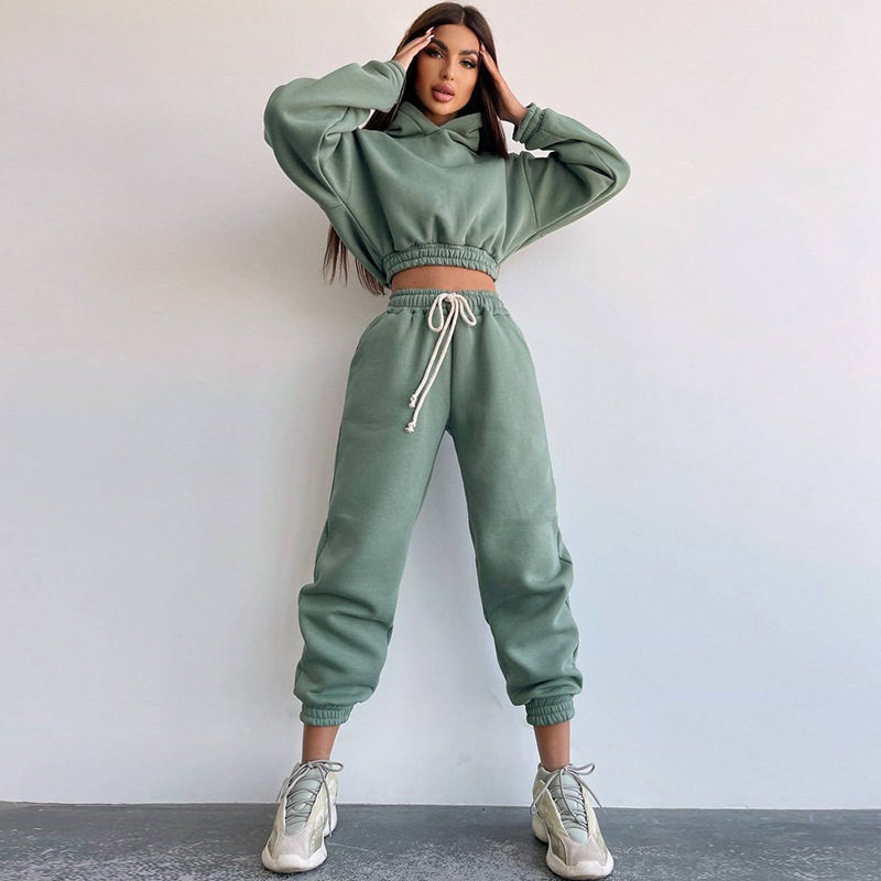 Women's Long Sleeve Hooded Crop Hoodie and Lace-Up Sweatpants Set