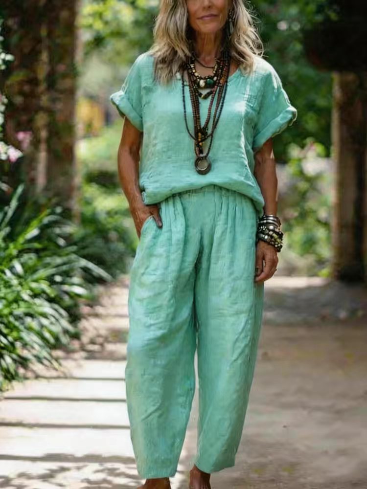 Women's Cotton-Linen Short Sleeve Crewneck Top and Straight-Leg Pants Set