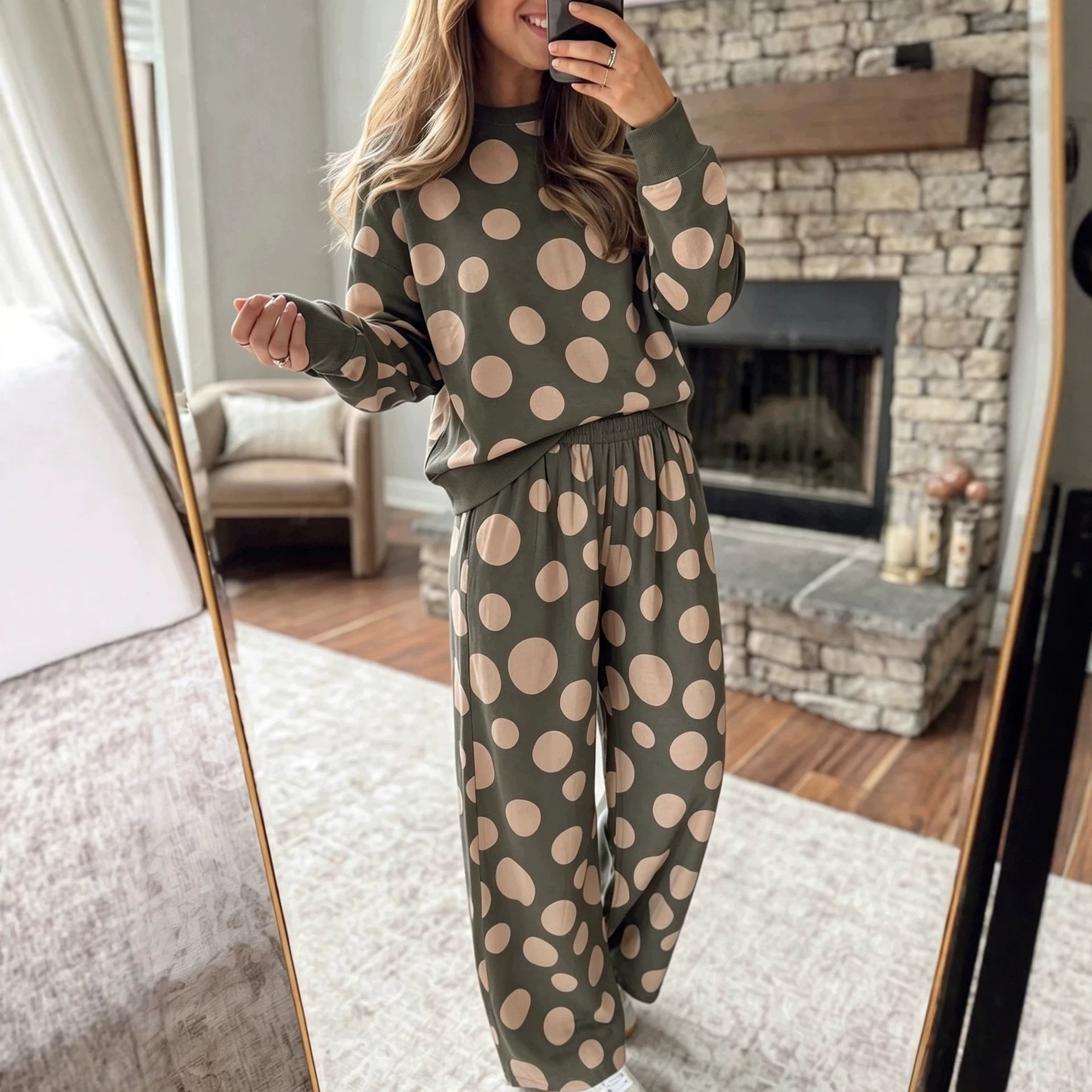 High-Waist Polka Dot Print Wide-Leg Two-Piece Set