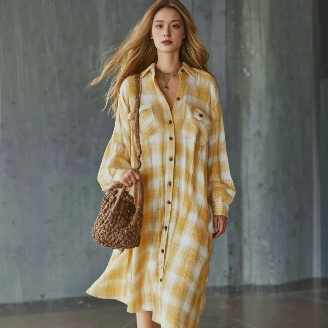 Retro Yellow Plaid Shirt Dress Long Sleeve Midi