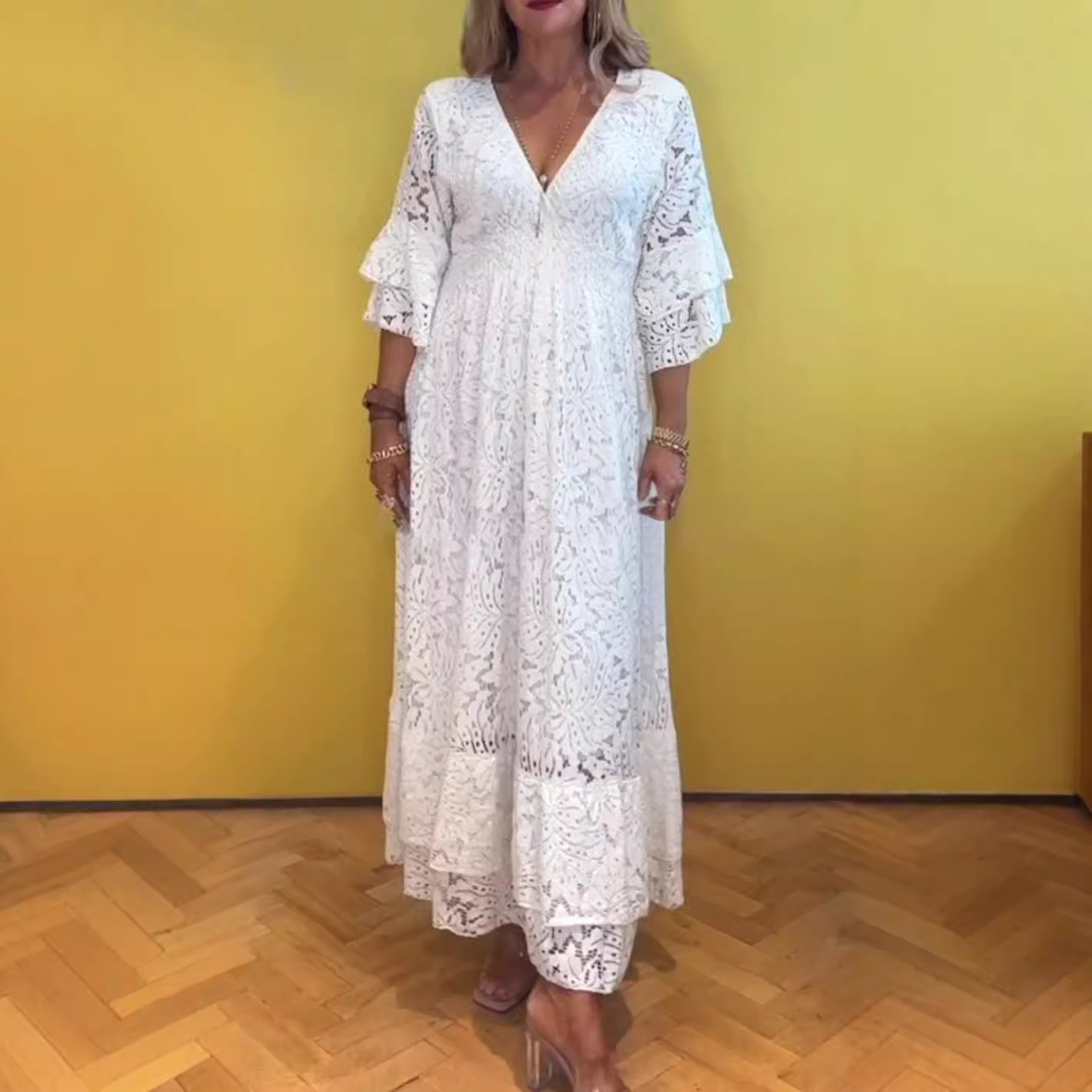 Women's Lace Cutout Deep V-Neck Solid Color Maxi Dress