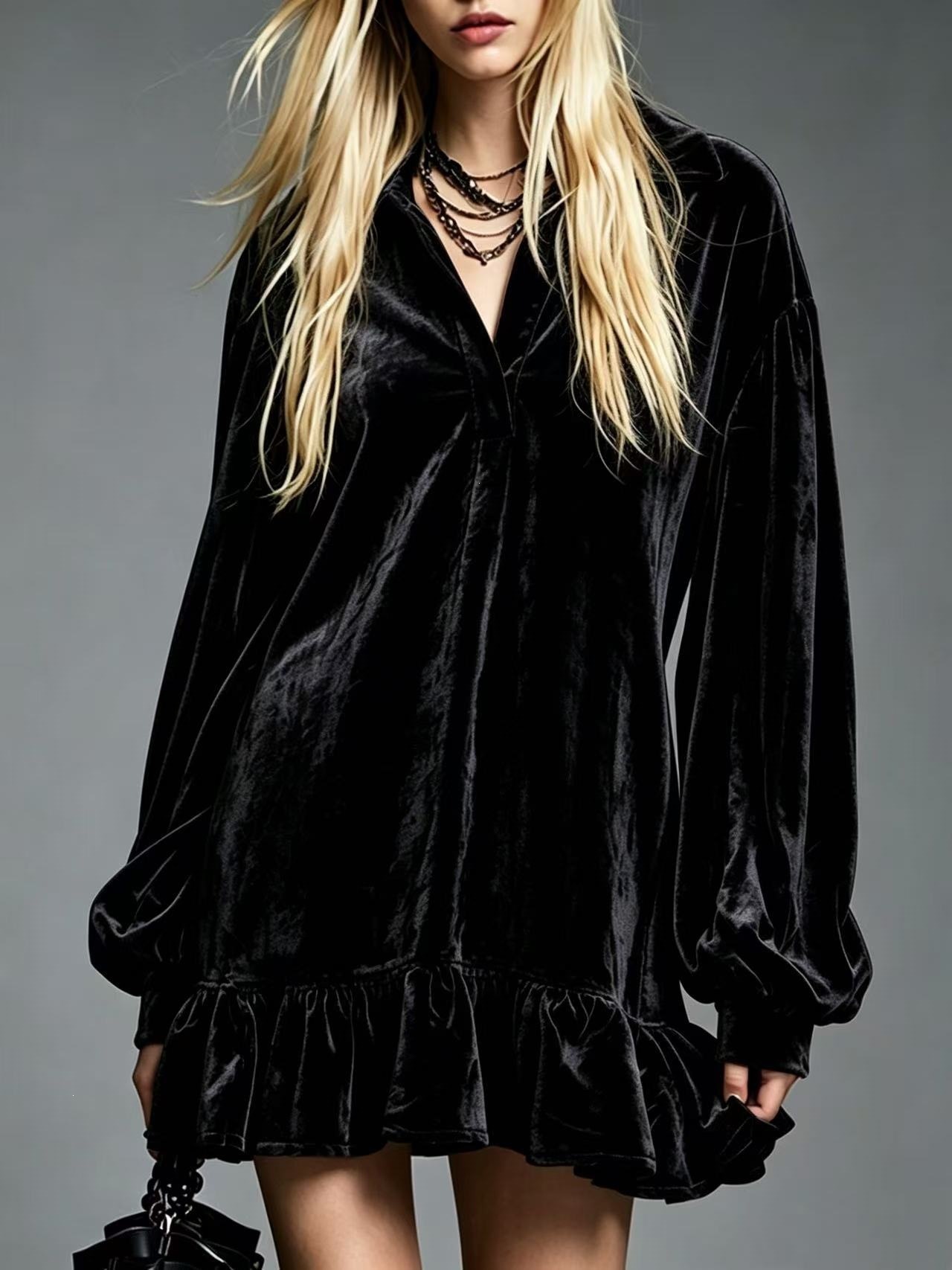French-Style Velvet Lantern-Sleeve Ruffle Collared Shirt Dress