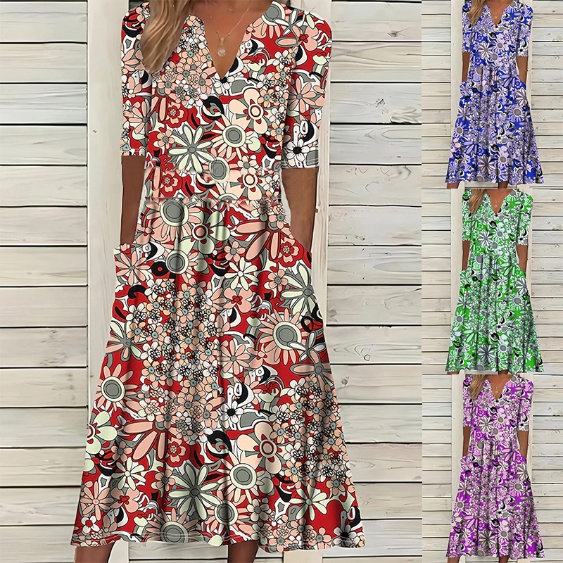 Vintage Daisy Floral Midi Dress Deep V-Neck Three-Quarter Sleeve Loose Fit