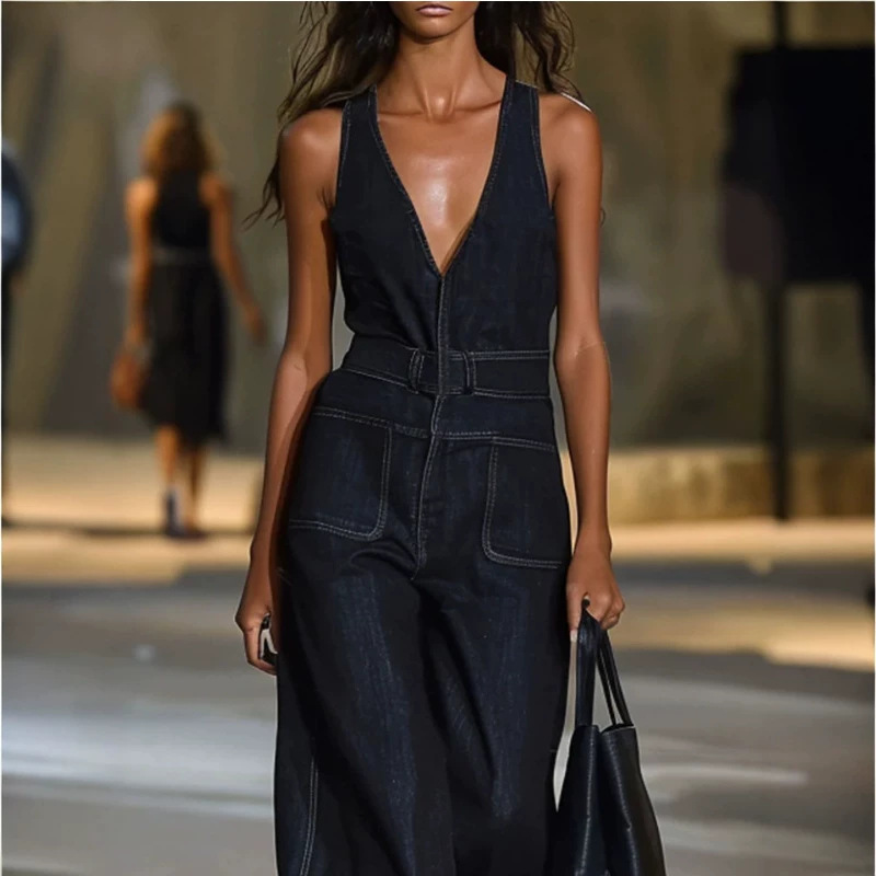 V-Neck Sleeveless Wide-Leg Denim Jumpsuit