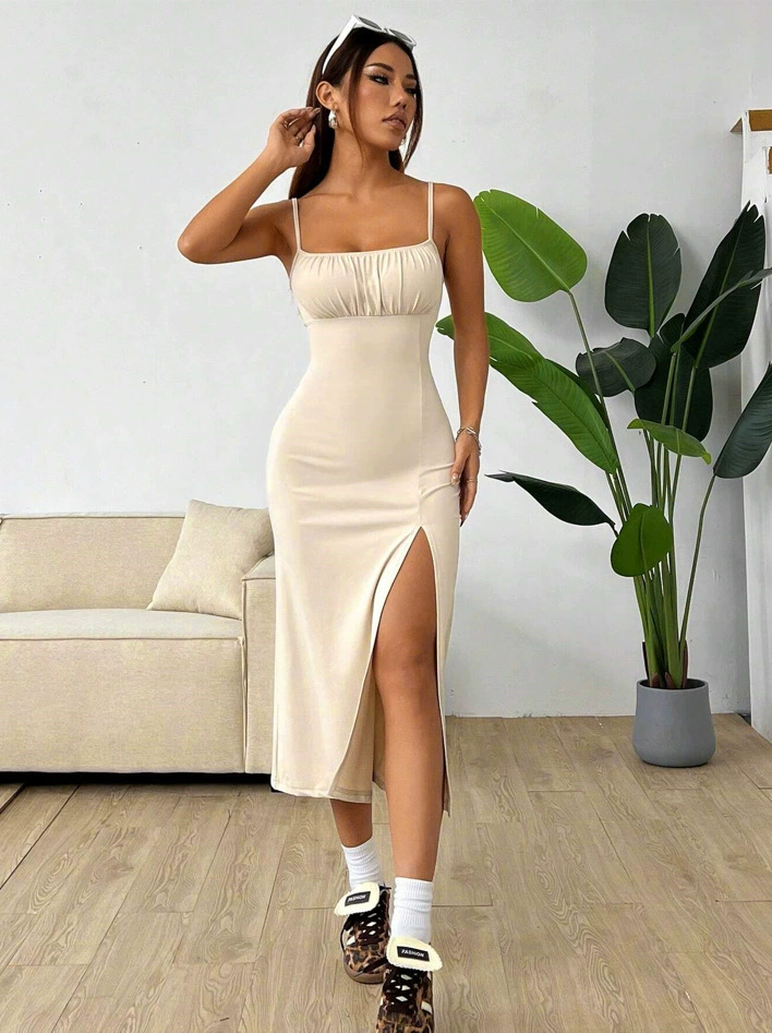 Leopard Print High Slit Bodycon Cami Dress Sleeveless
