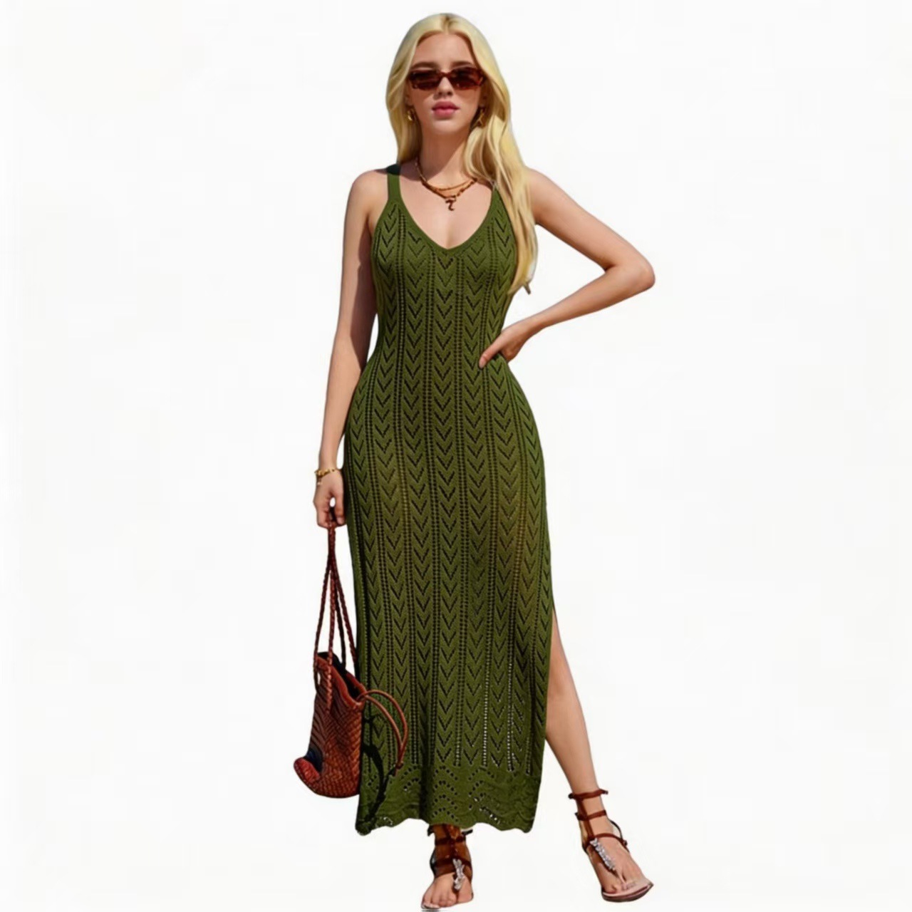 V-Neck Sleeveless Openwork Knit Cami Dress with High Slit