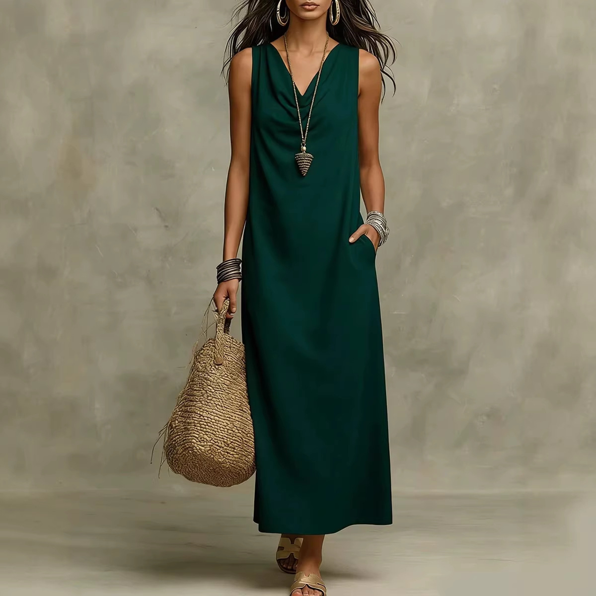Women's Draped Neck Straight Loose Casual Dress
