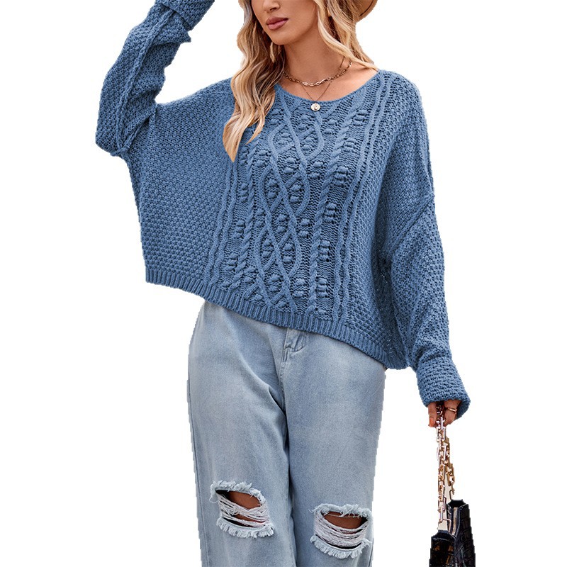 Crewneck Cable Knit Loose Solid Color Sweater for Women