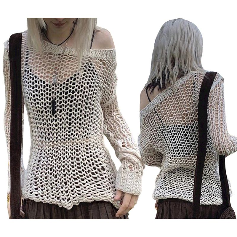 Women's Lightweight Fishnet Knit Top – Loose Batwing Sleeve V-Neck Pullover