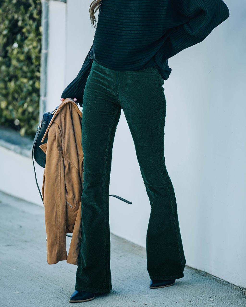 Women's Solid High-Waist Corduroy Flare Pants with Elastic Waist