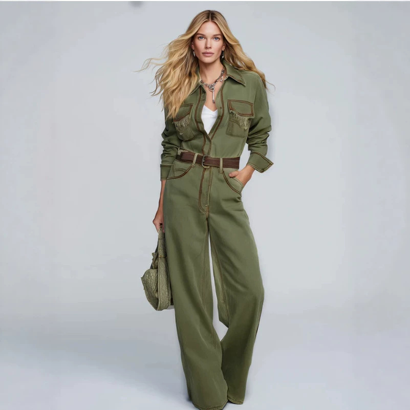 Retro Western Olive Green Jumpsuit