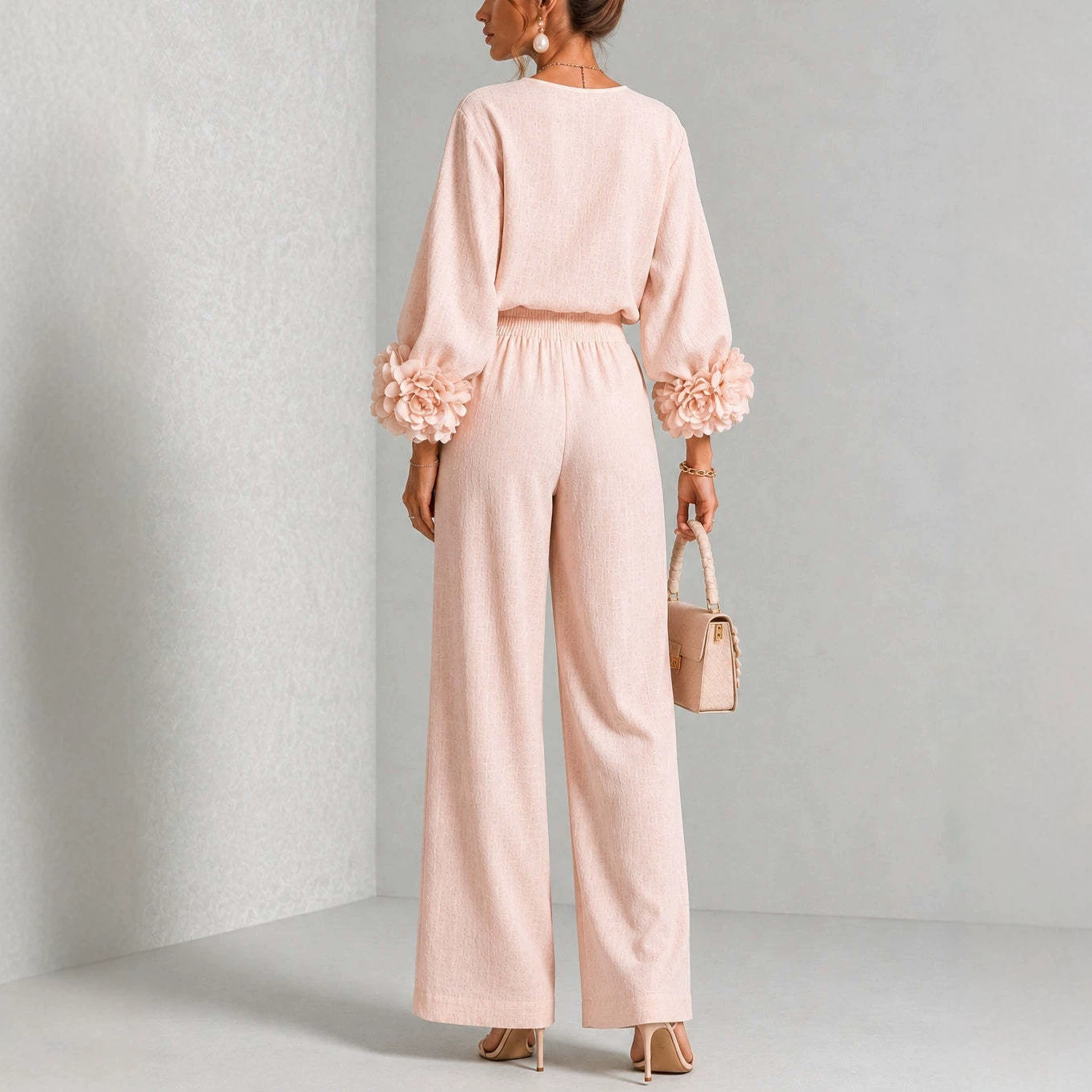 Floral Cuff Top and Wide-Leg Pants Two-Piece Set