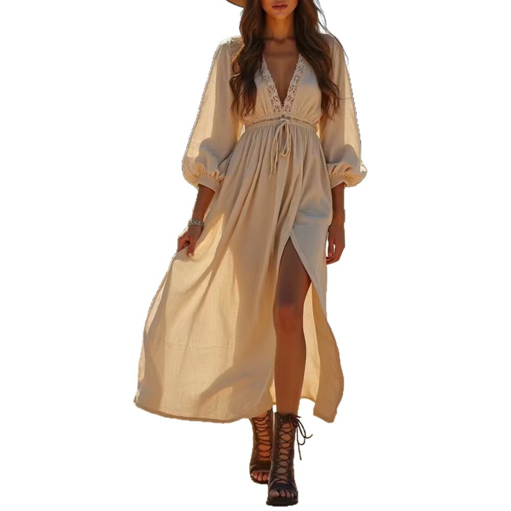 Women's Deep V-Neck Long Split Dress Elegant Bubble Sleeve