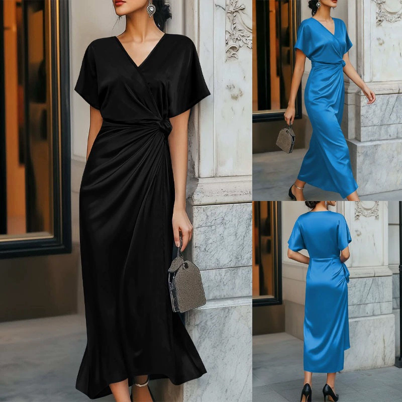 Satin V-Neck Tie-Waist Midi Dress Elegant Women's