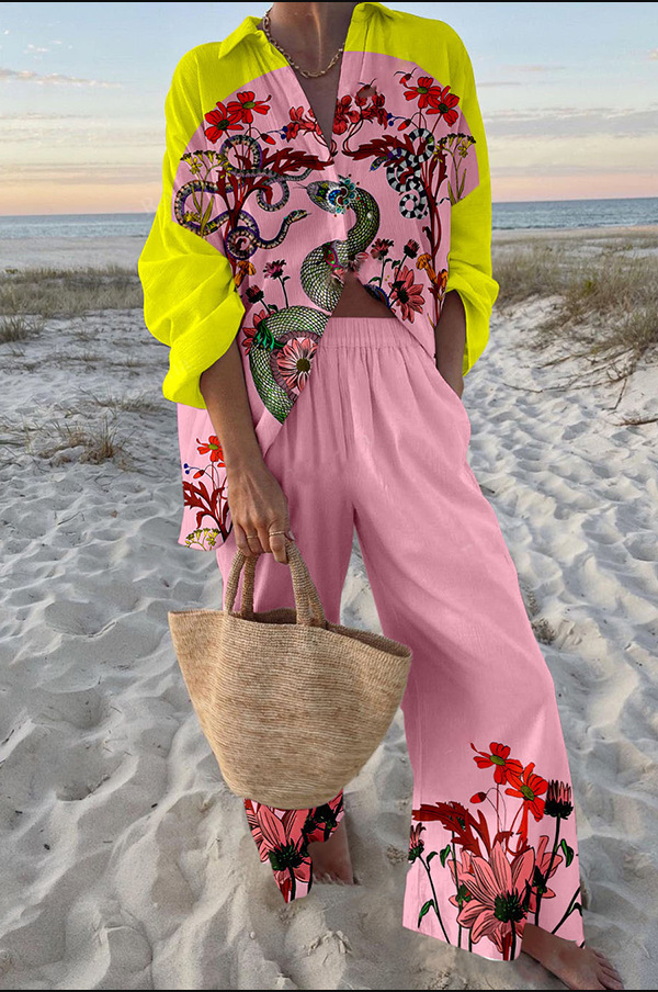Women's Long Sleeve Collared Printed Shirt Set Casual Vacation Loungewear
