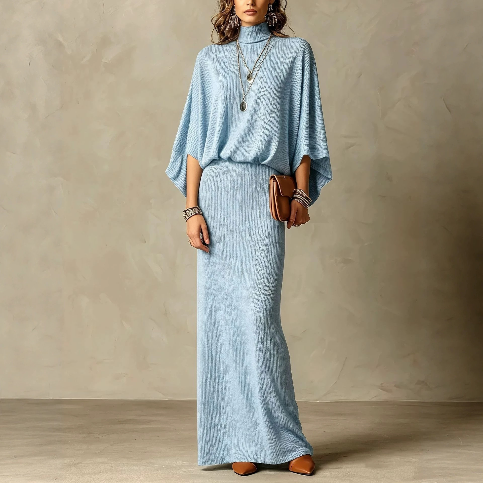 Solid Ribbed Batwing Sleeve Two-Piece Skirt Set Slimming Casual
