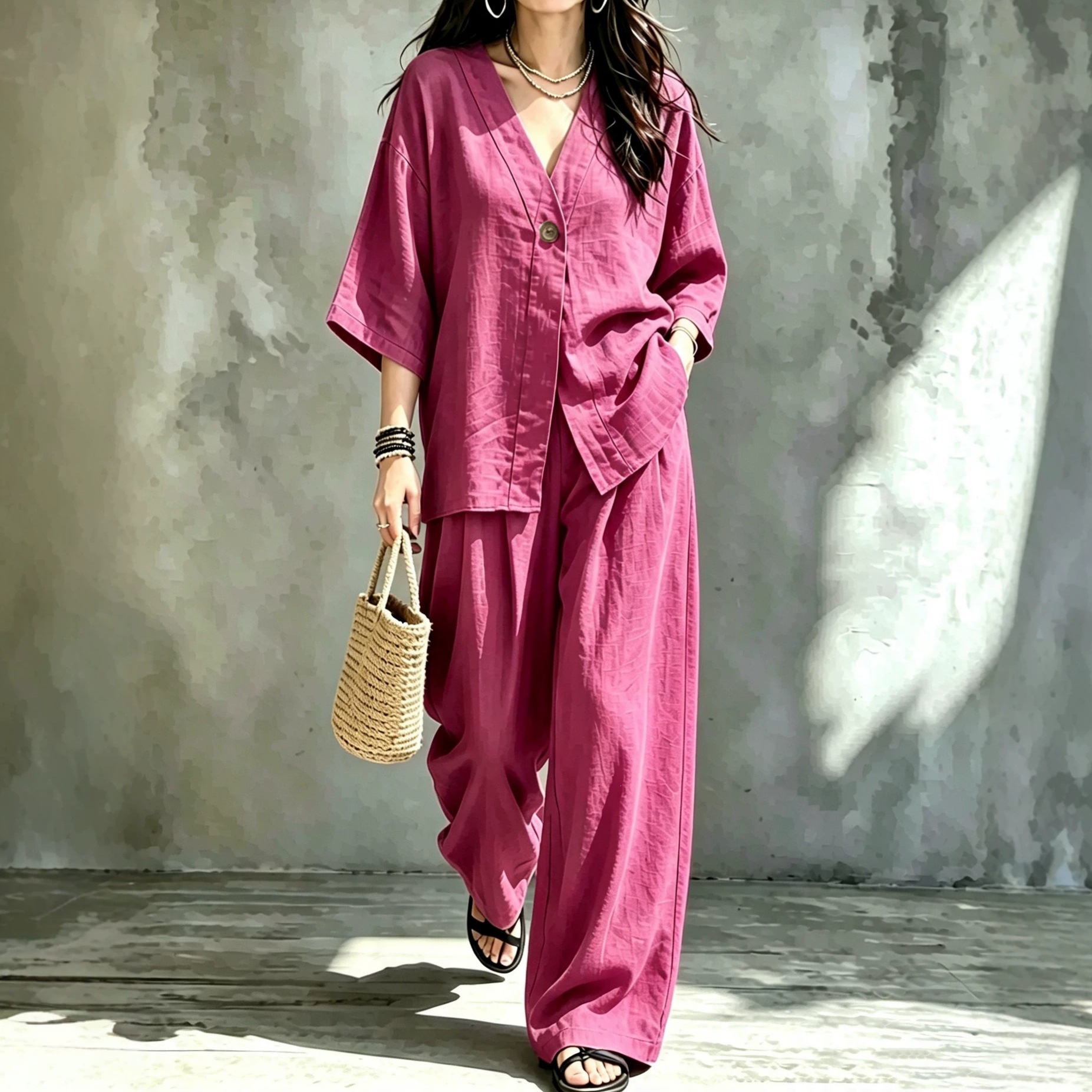 Women's V-Neck One-Button Loose Long-Sleeve Top & High-Waist Suit Pants Two-Piece Set