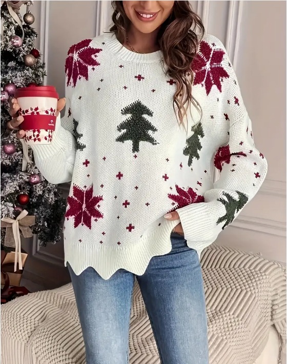 Snowflake Christmas Tree Print Crewneck Knit Sweater