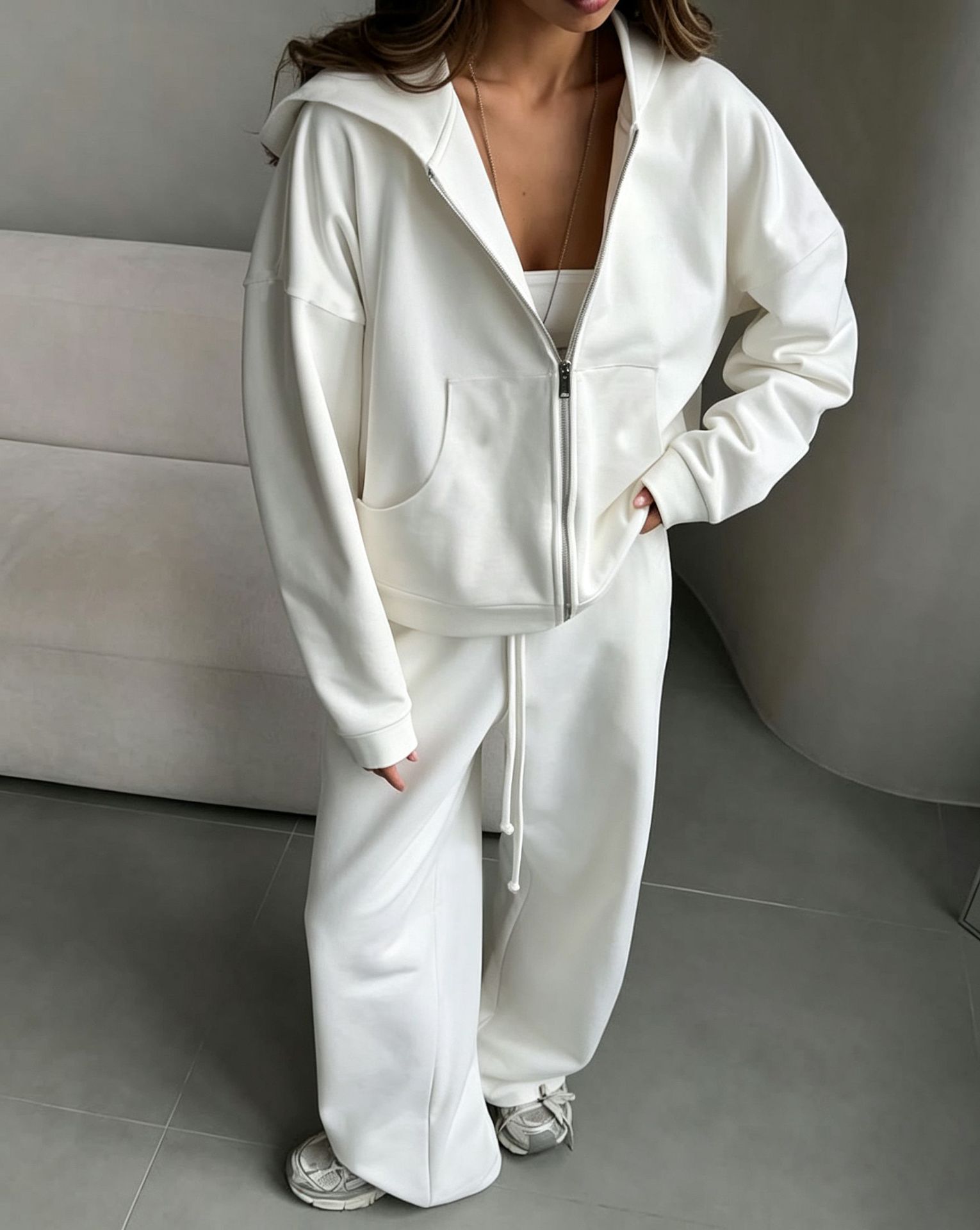 Women's Zip-Up Hooded Cardigan and Drawstring Pants Two-Piece Casual Set