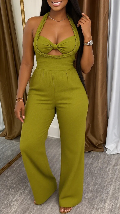 Women's Halter Neck Spliced Solid Color Casual Jumpsuit