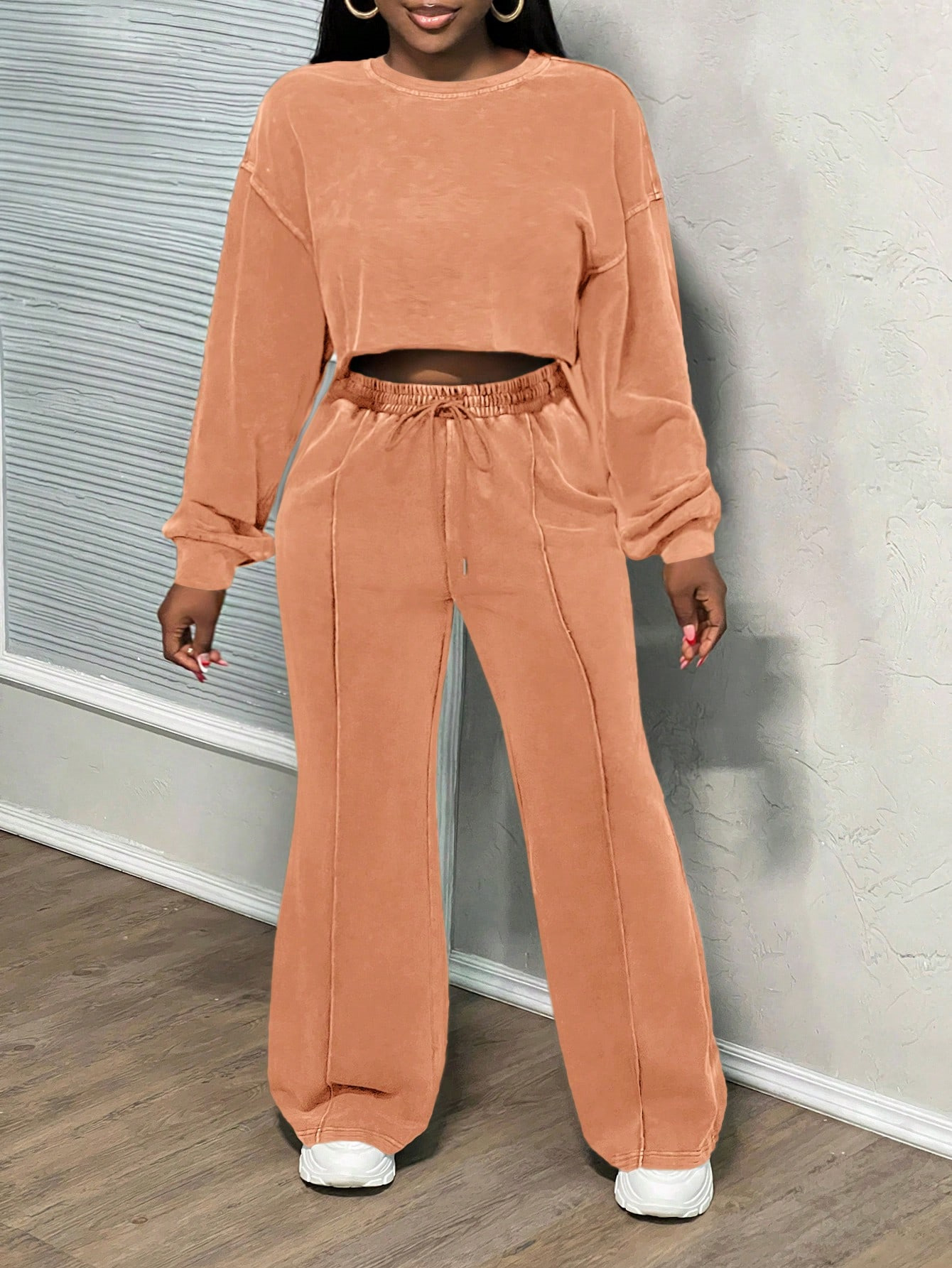 Women's Long-Sleeve Washed Zip-Up Sweatsuit Set