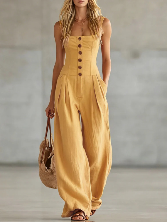 Women's Sleeveless Button-Front Wide-Leg Jumpsuit Solid Color Casual