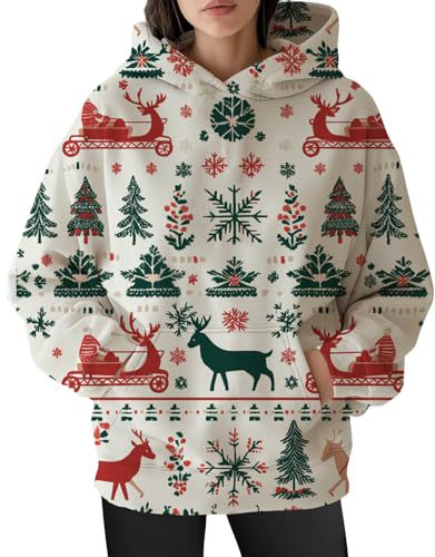 Women's Christmas Print Hoodie with Lantern Leaf Motif