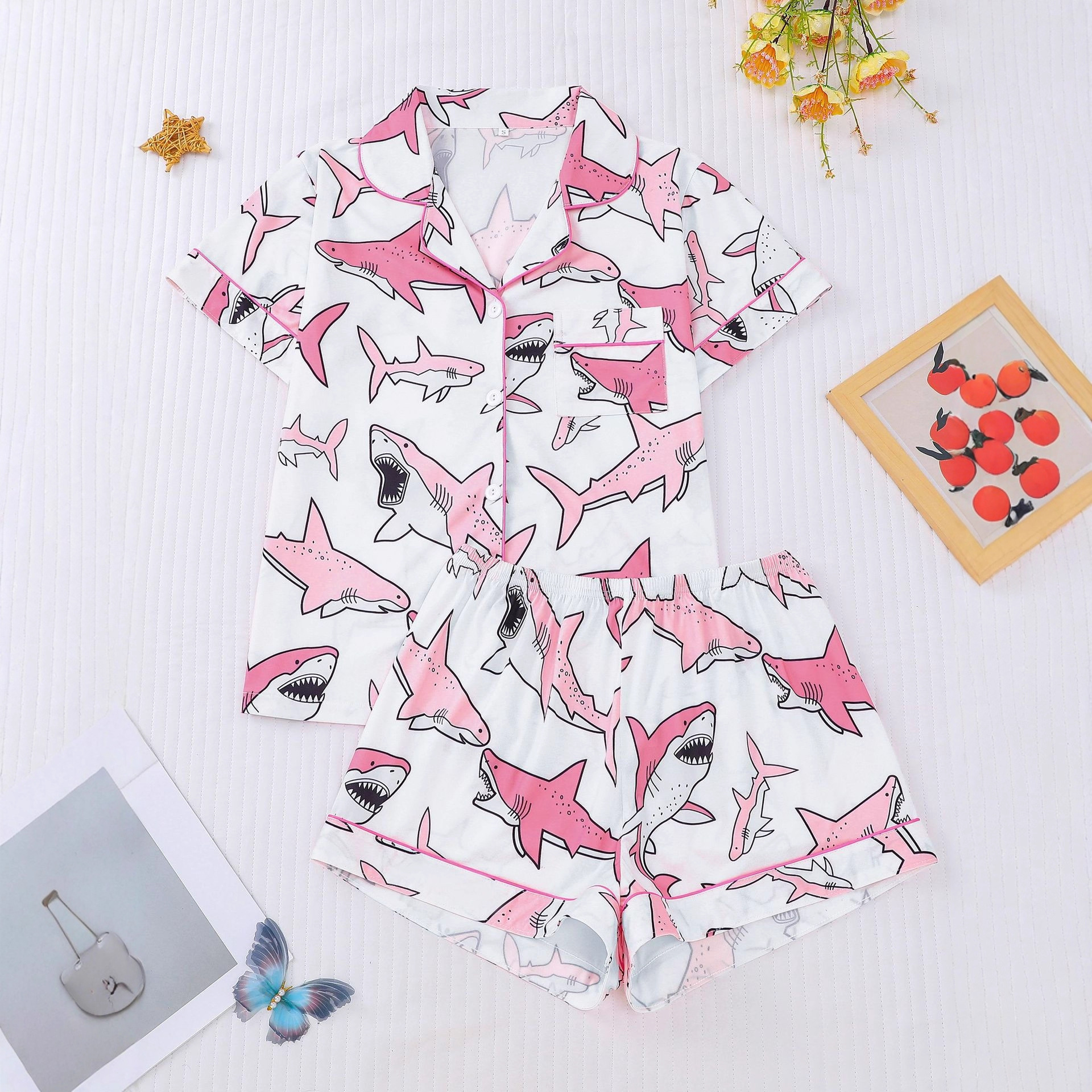 Women's Cuban Collar Shark Print Short Sleeve Shirt Set