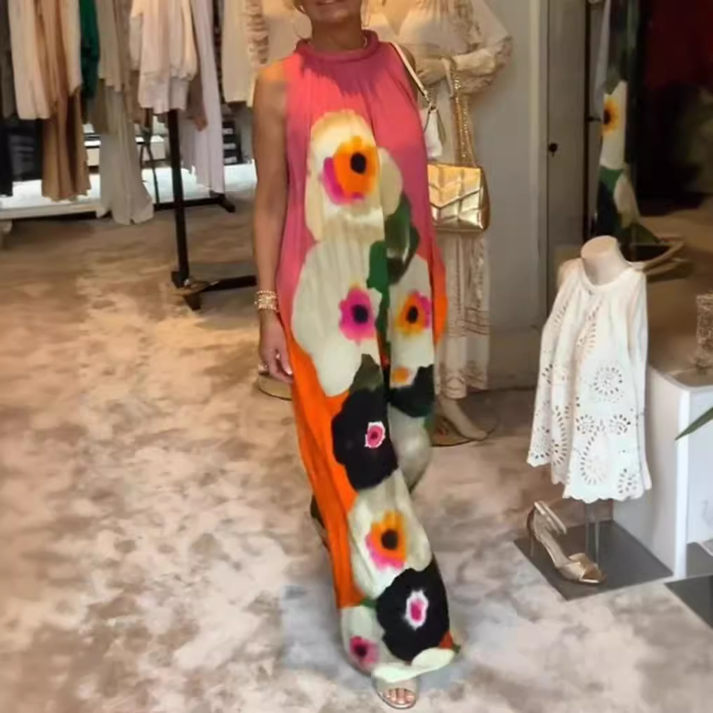 Colorful Floral Print Sleeveless Round Neck Maxi Dress
