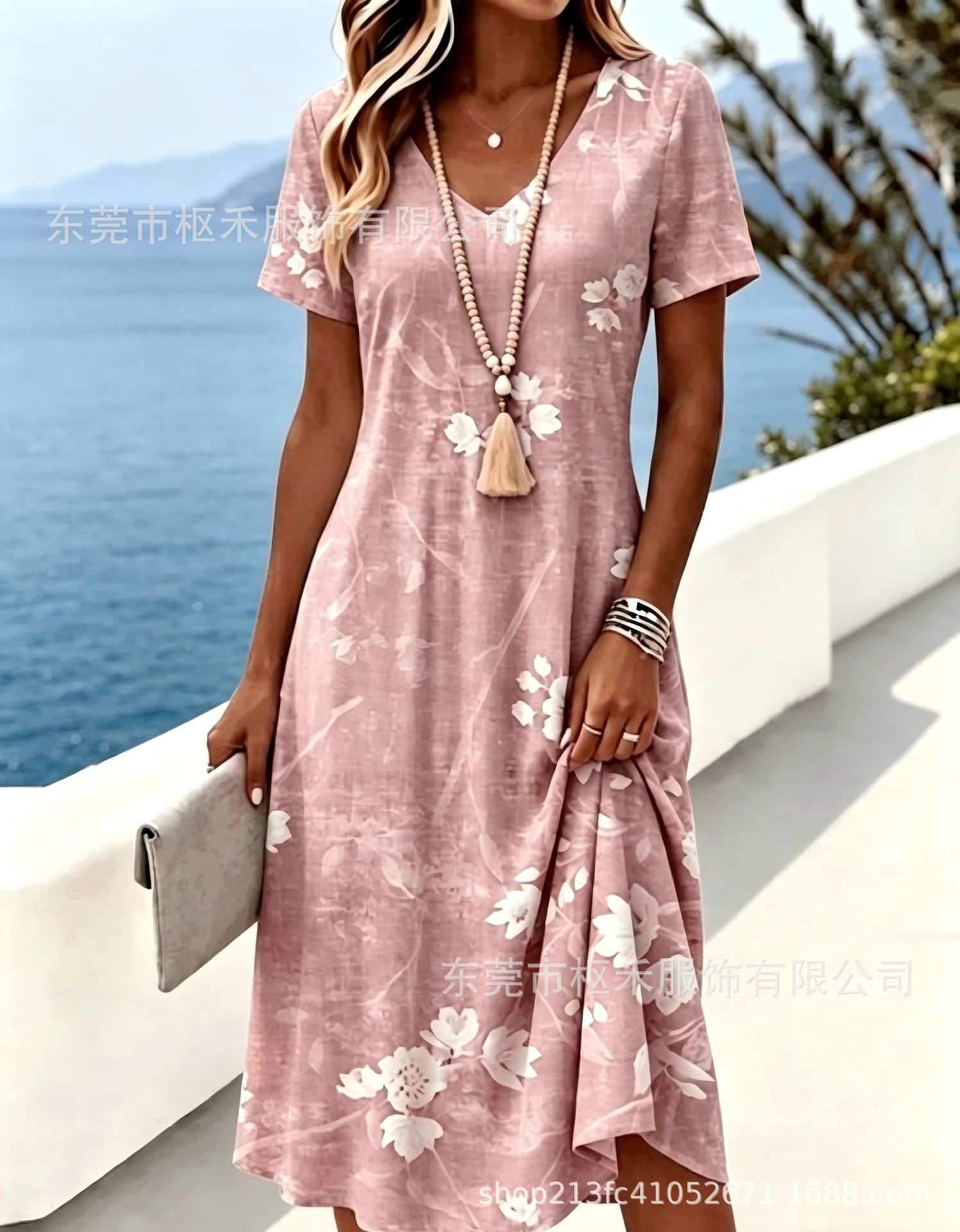 Women's Vintage Blue Print V-Neck Short Sleeve Midi Dress