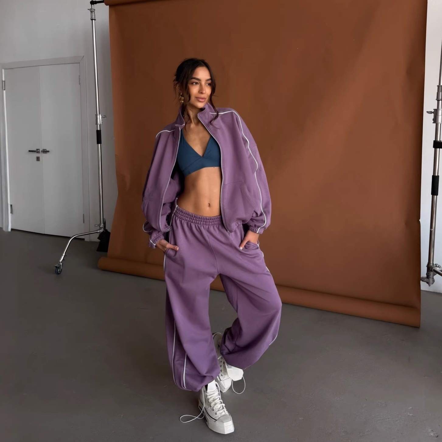 Candy Color Colorblock Long Sleeve Zip Jacket & Jogger Pants 2-Piece Set