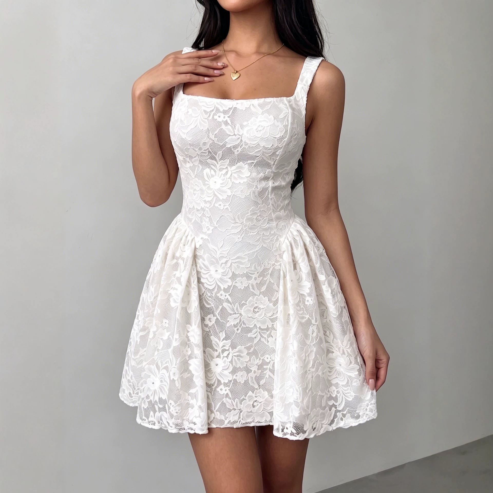 Women's White Lace Square Neck Wide Strap Waist-Cinching Bubble Hem Mini Dress