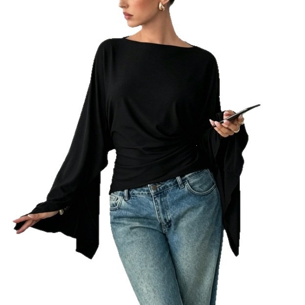 Solid Color Waist-Cinched Flare-Sleeve Long-Sleeve Top