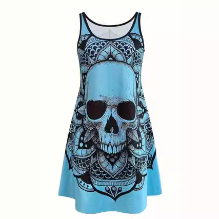 Skull Print Sleeveless Loose Tank Dress Sky Blue