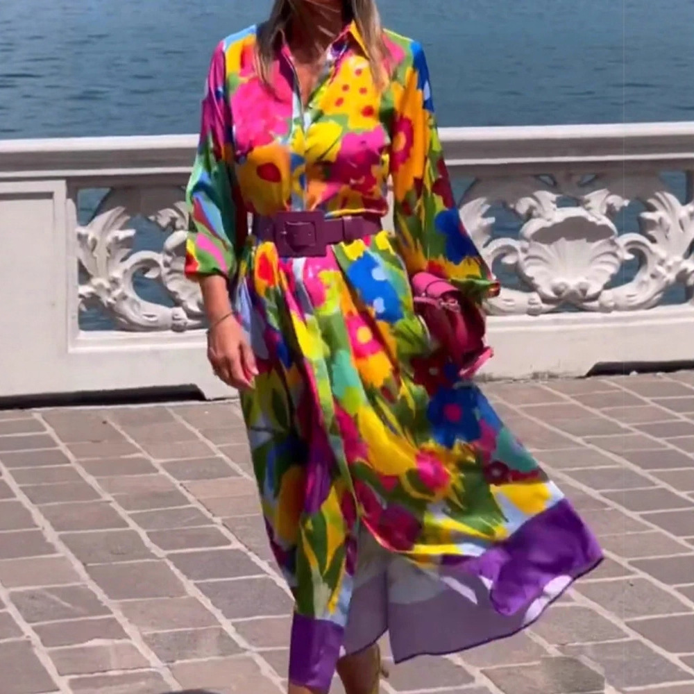 Elegant Floral Print Long Sleeve Shirt Dress
