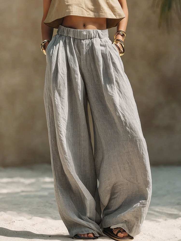 Women's Cotton-Linen Wide-Leg Pants Solid Color Elastic Waist Loose Casual