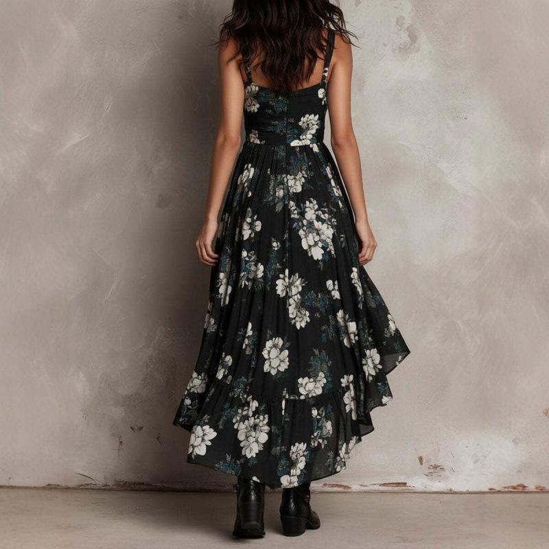 Floral Print V-Neck Cami Maxi Dress with High Slit and Cinched Waist