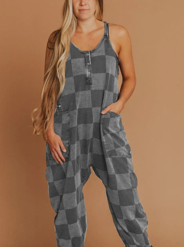 Plaid Print Sleeveless Wide-Leg Jumpsuit with Pockets