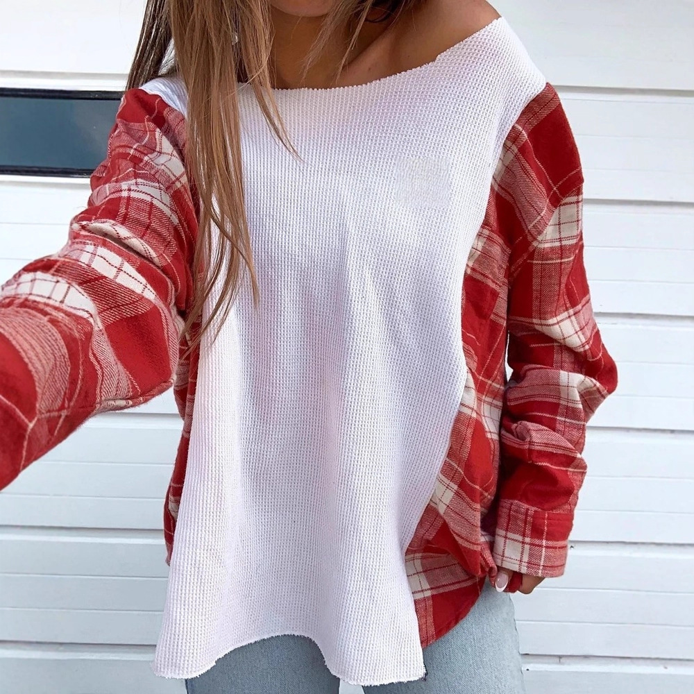 Women's Color-Block One-Shoulder Long-Sleeve Loose Knit Top