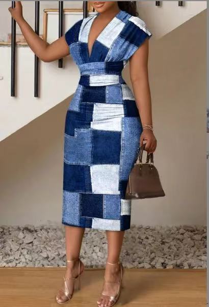 Floral Print V-Neck High-Waist Bodycon Midi Dress