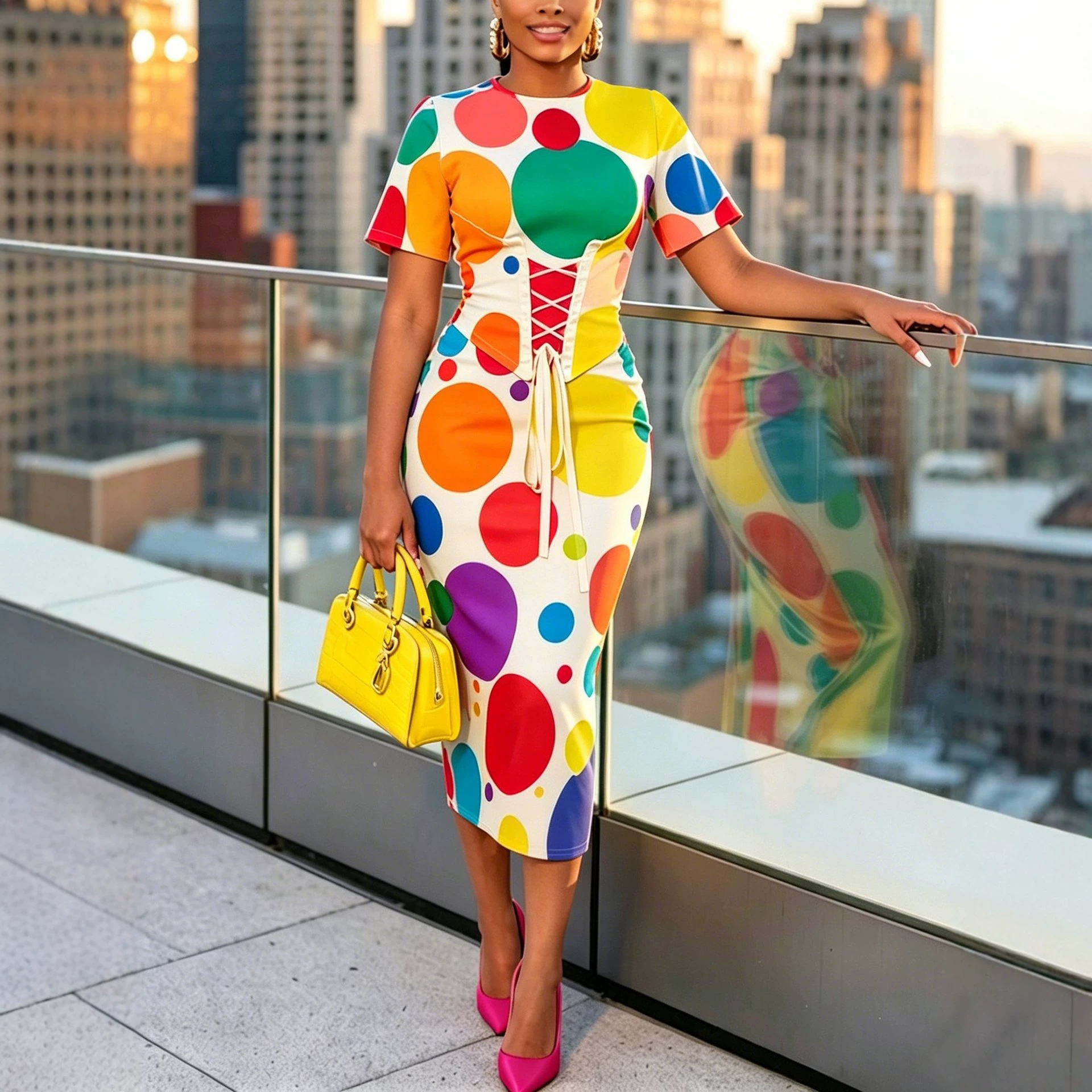 Elegant Polka Dot Print Round Neck Waist-Defined Midi Dress