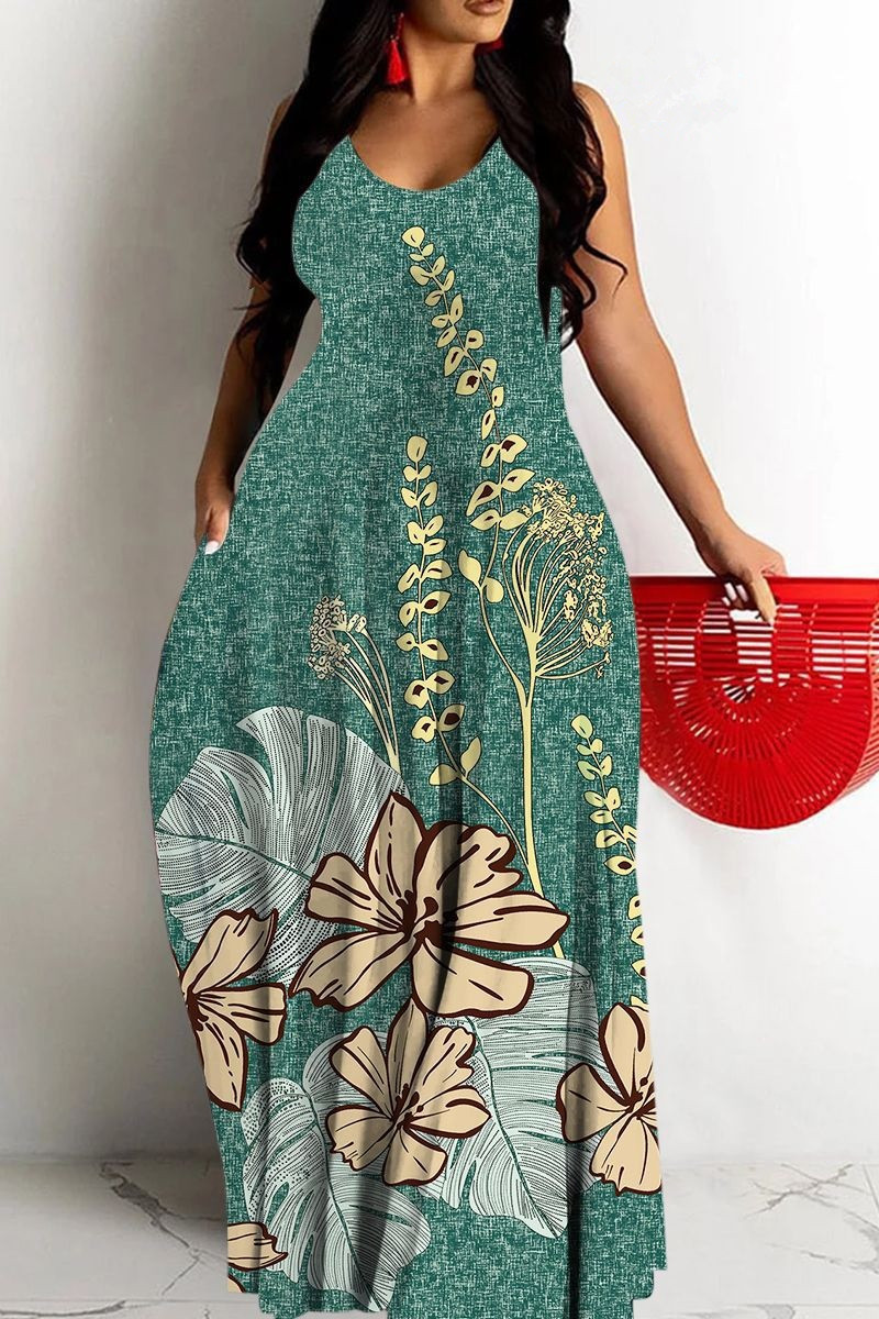 Women's Printed Deep V-Neck Sleeveless Maxi Dress