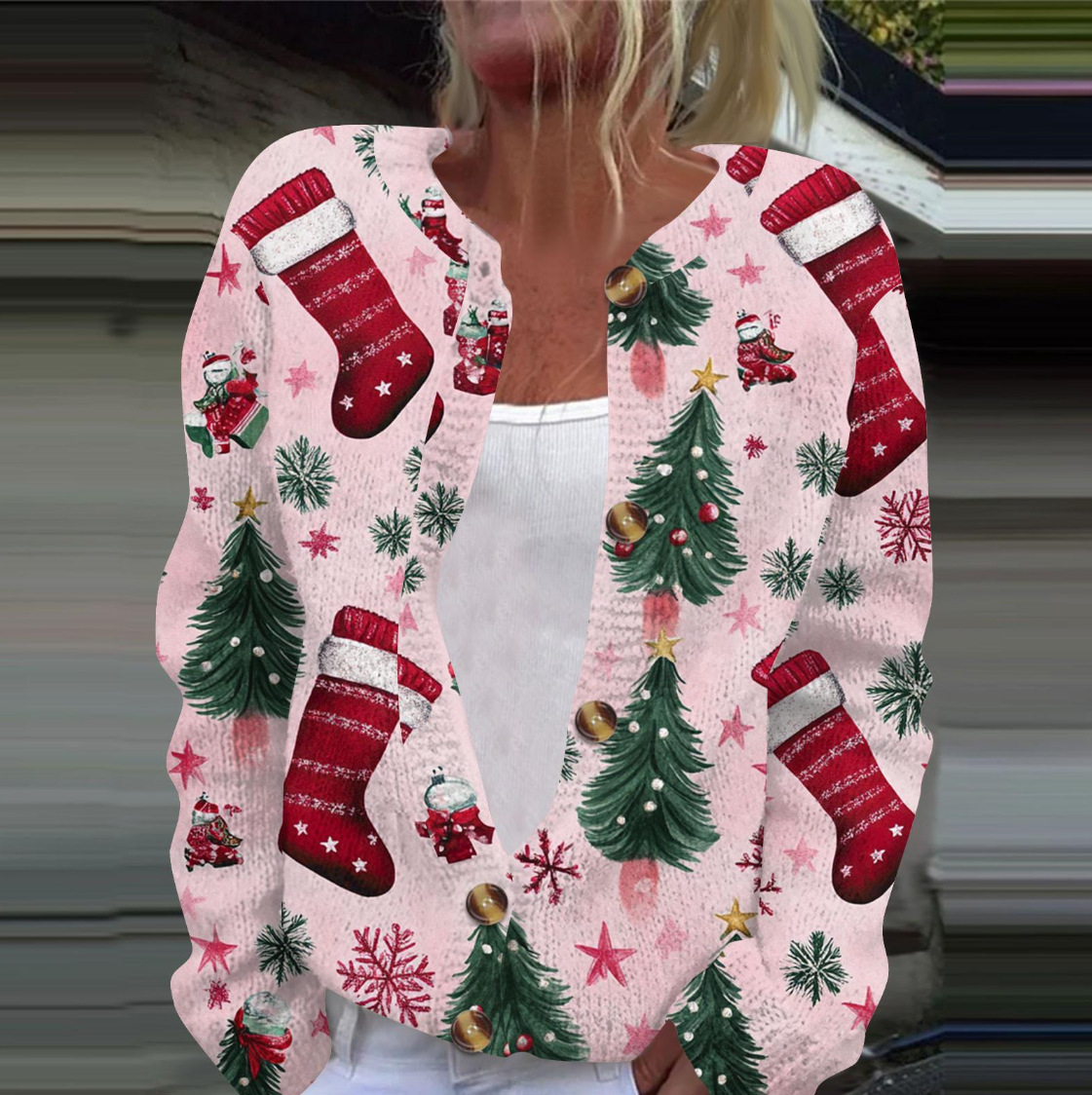 Women's Christmas Snowflake Reindeer Print Button Cardigan Sweater