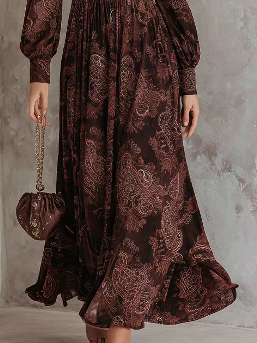 Retro Floral Print Long Sleeve V-Neck Cinched Waist Bubble Sleeve Long Dress