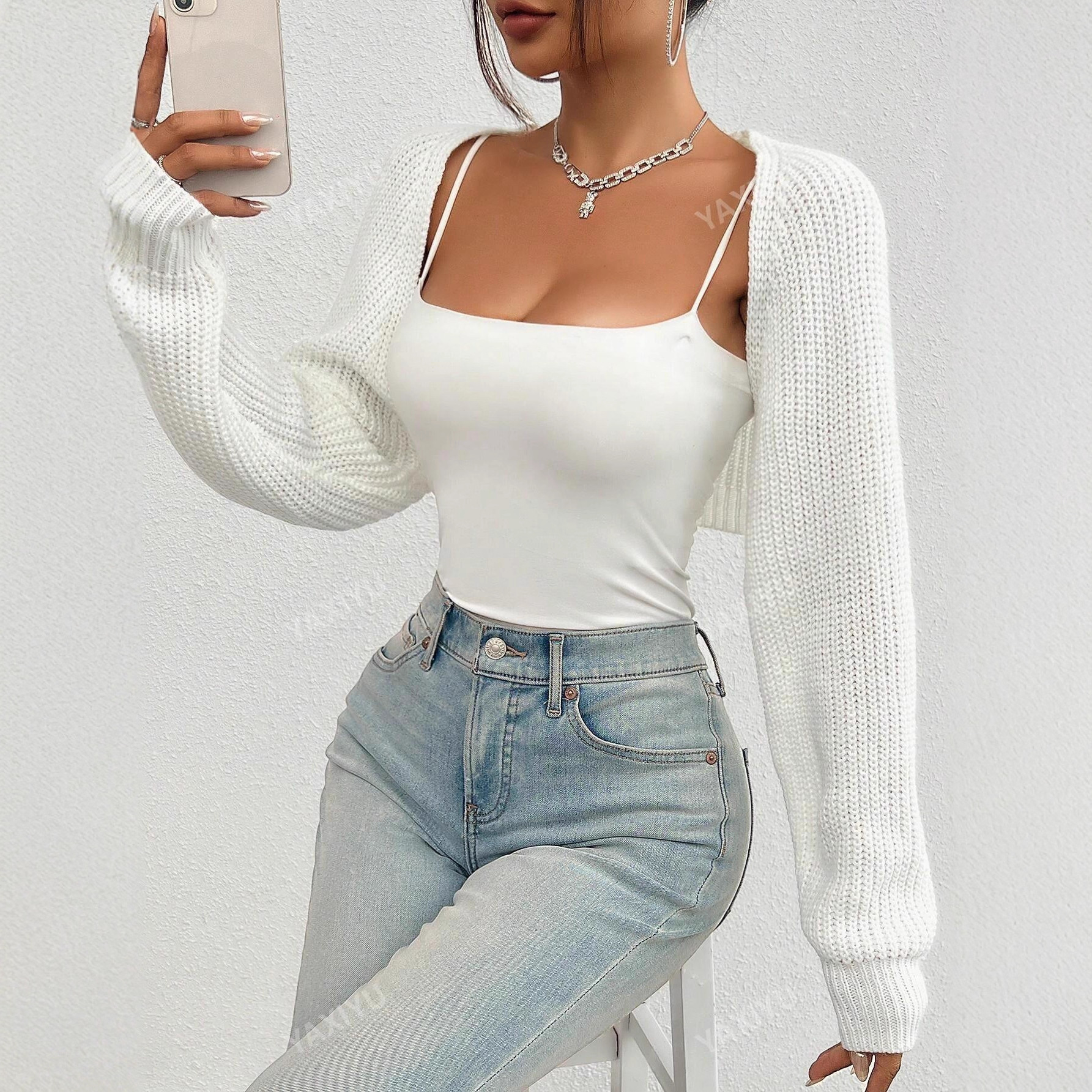 Women's Ribbed Knit Short Cardigan Sweater, One-Shoulder Long Sleeve, White