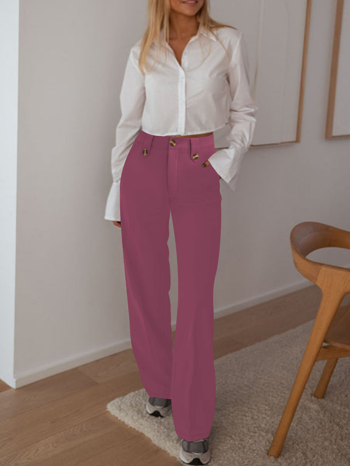 High-Waist Straight-Leg Cropped Suit Pants for Women Solid Color