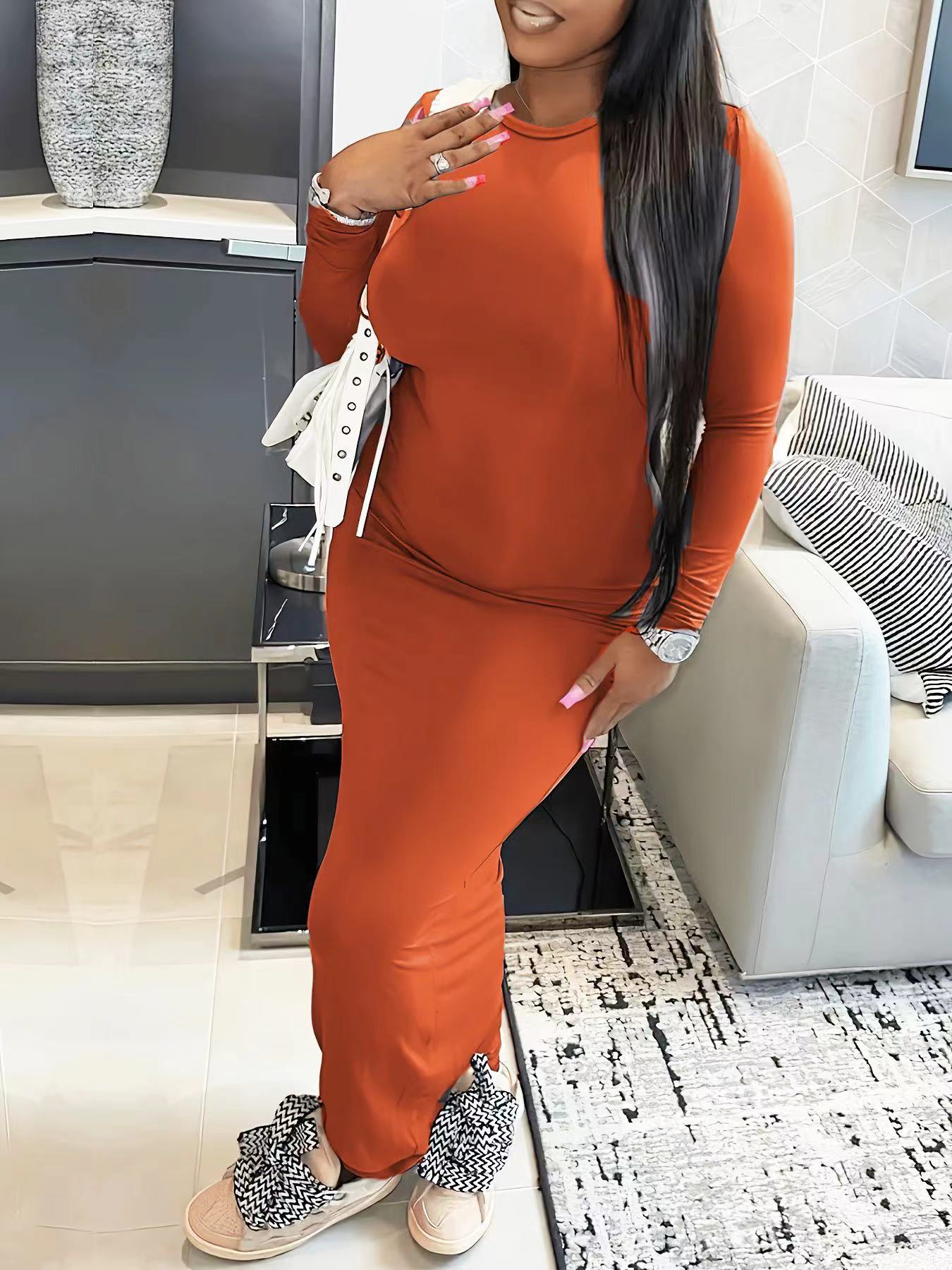 Plus Size Solid Color Long Sleeve Bodycon Midi Dress