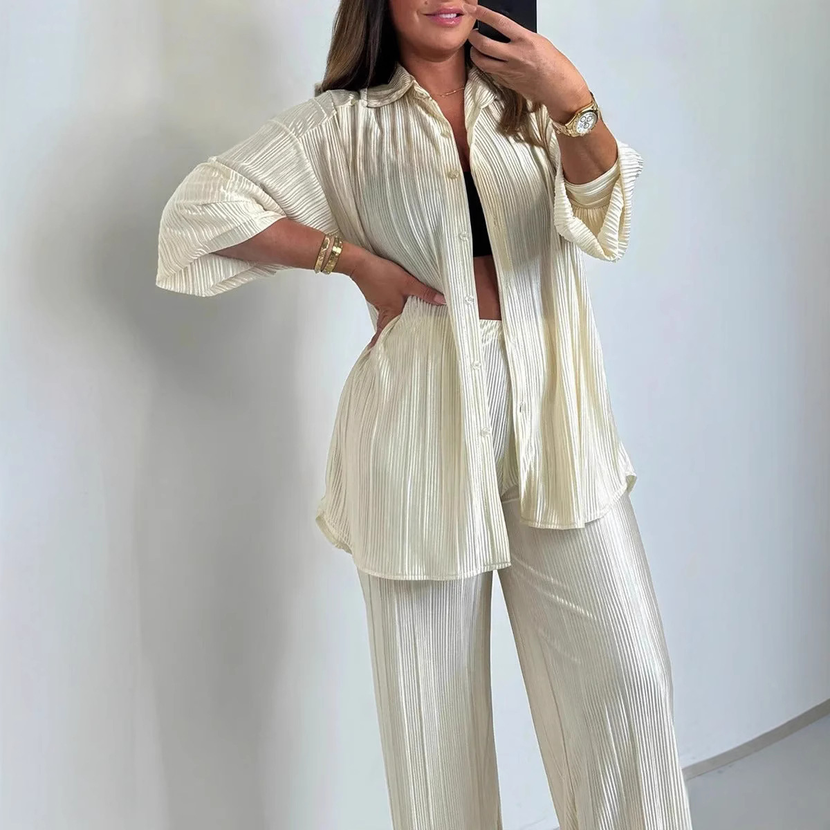 Women's Collared Button-Front Ruched Long-Sleeve Cardigan & Pants Set