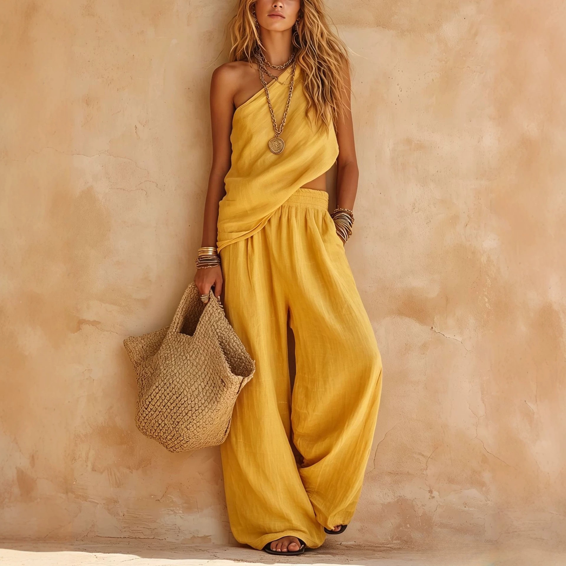 Women's One-Shoulder Cotton-Linen Wide-Leg Two-Piece Set