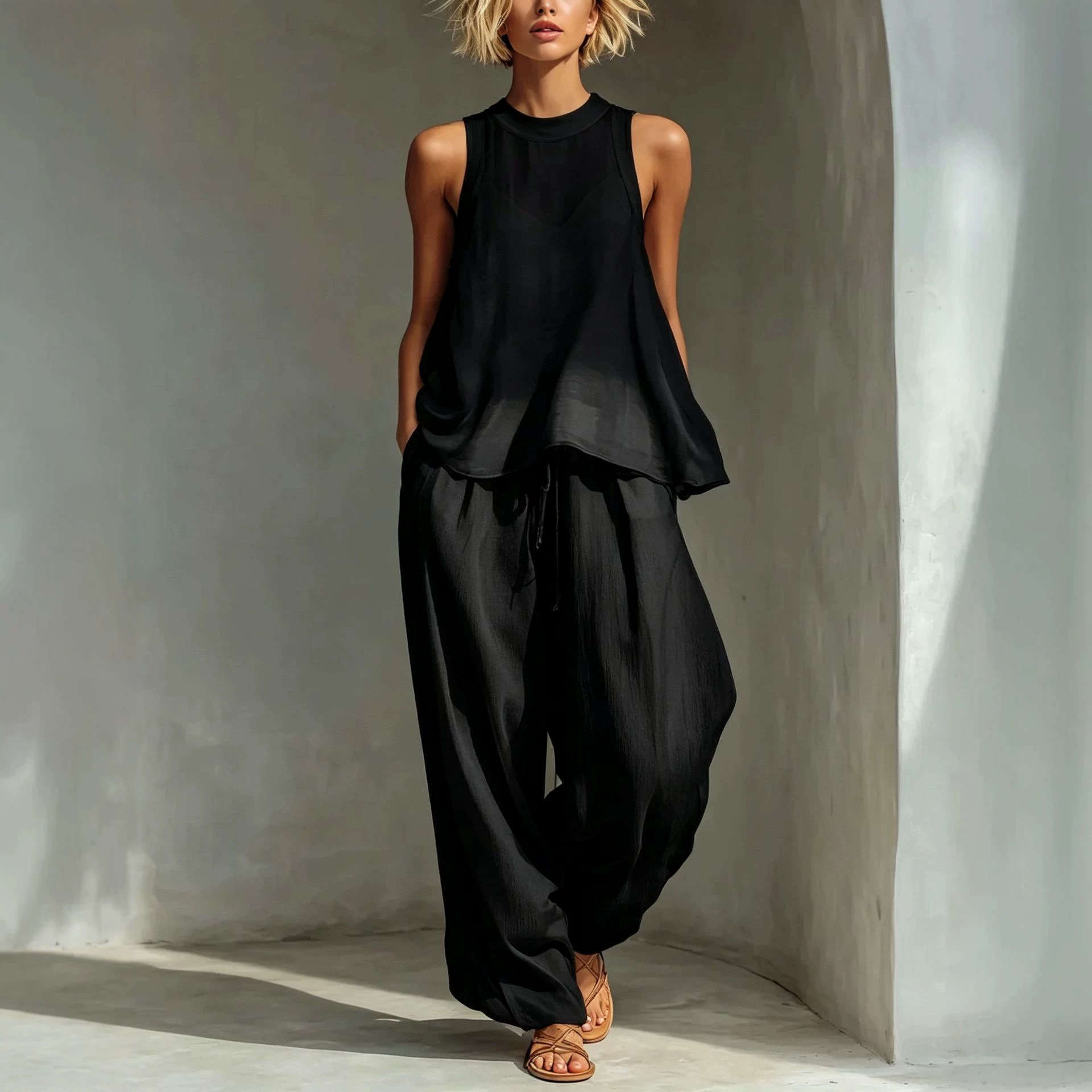 Sheer Sleeveless Drawstring Top & Wide-Leg Pants Set